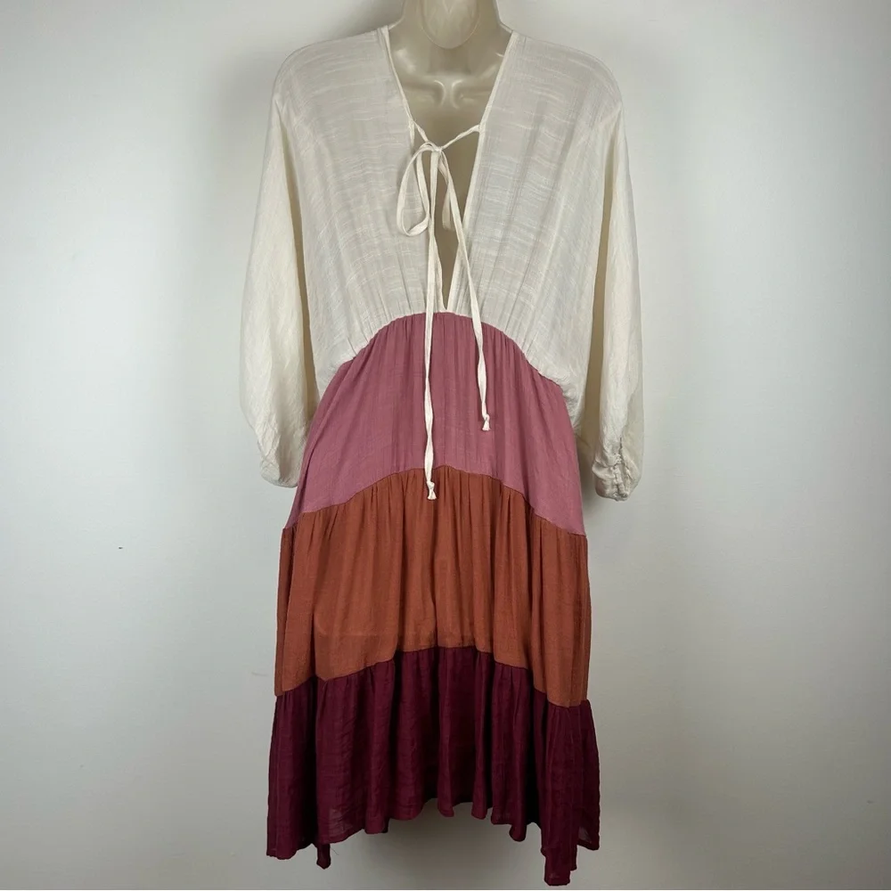 NWT Umgee Color Block Deep V Tied Back Tiered Mini Dress sz L Boho Beachy Gypsy - Picture 5 of 15